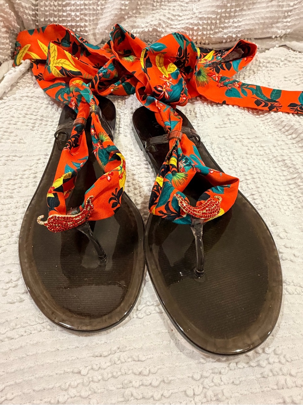 INC International Concepts Orange Floral Wrap Sandals with Bejeweled Toe